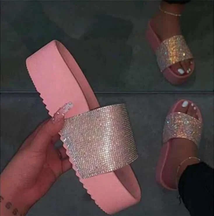 

Diamonds Wedges Flat Pink Shoes Slip-On Sandals Summer Women Thick Sloe Slippers Open toe Flat Shoes, Black pink beige green