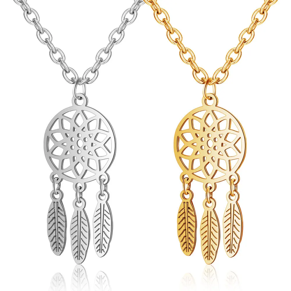 

Wholesale Ladies Fashion Stainless Steel Silver Gold Feather Pendant Round Hollow Dream Catcher Necklace Jewelry, As picture