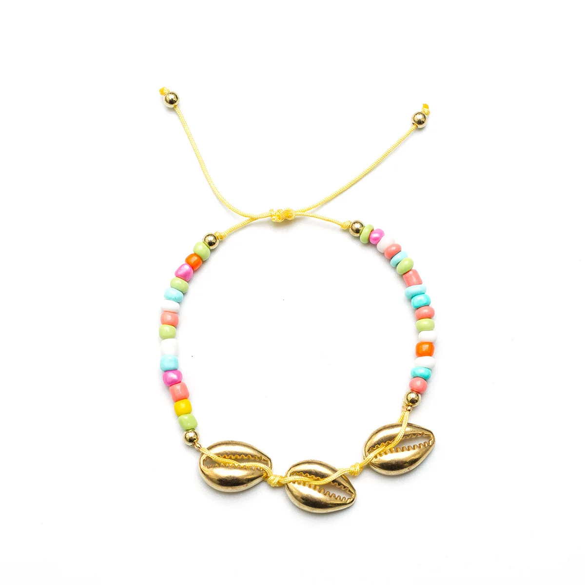 

Bohemian folk style colorful rice bead alloy shell bracelet bangles for woman, Gold