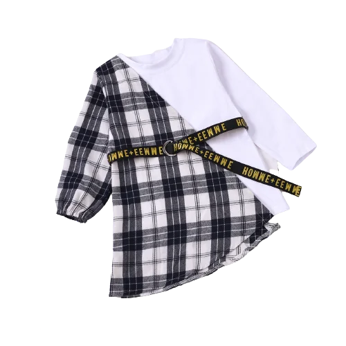 

2021 Spring Autumn New long sleeve round neck white solid color plaid dress letter belt children girl dress for casual, As pic shows, we can according to your request also