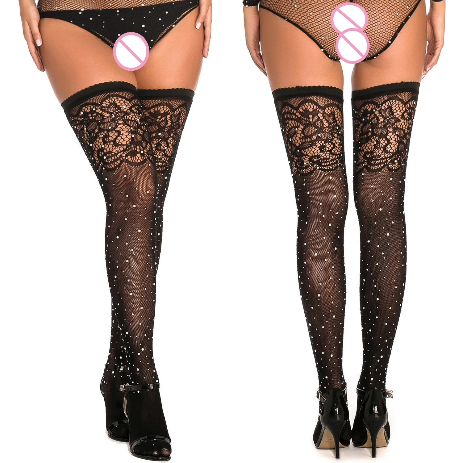 Women Transparent Crystal Lace Fishnet Rhinestone Over The Knee Long