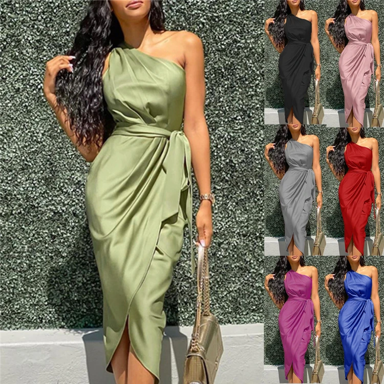 

DUODUOCOLOR Irregularity sloping shoulder satin face sleeveless midi plus size dress summer woman clothes 2021 trending D98078