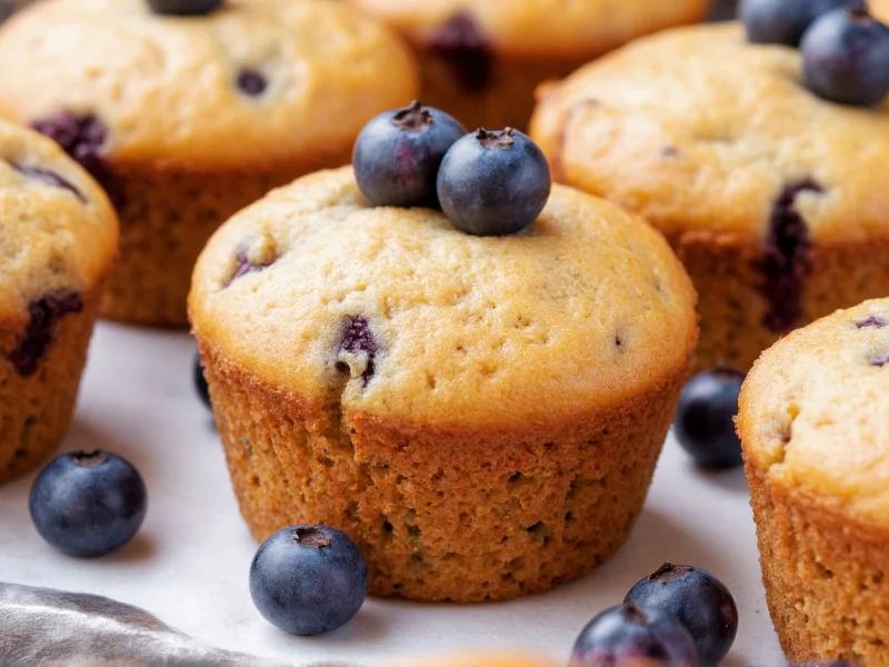 Golden top homemade blueberry muffins with fresh berries