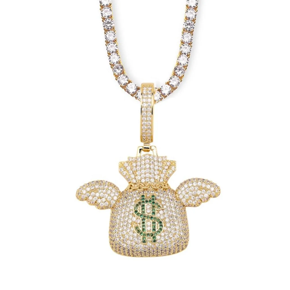 

US Dollar Money Bag Pendant With Tennis Chain Gold Silver Color Blind Cubic Zirconia Mens Hip hop Necklace Jewelry For Gift New, Silver,gold,black