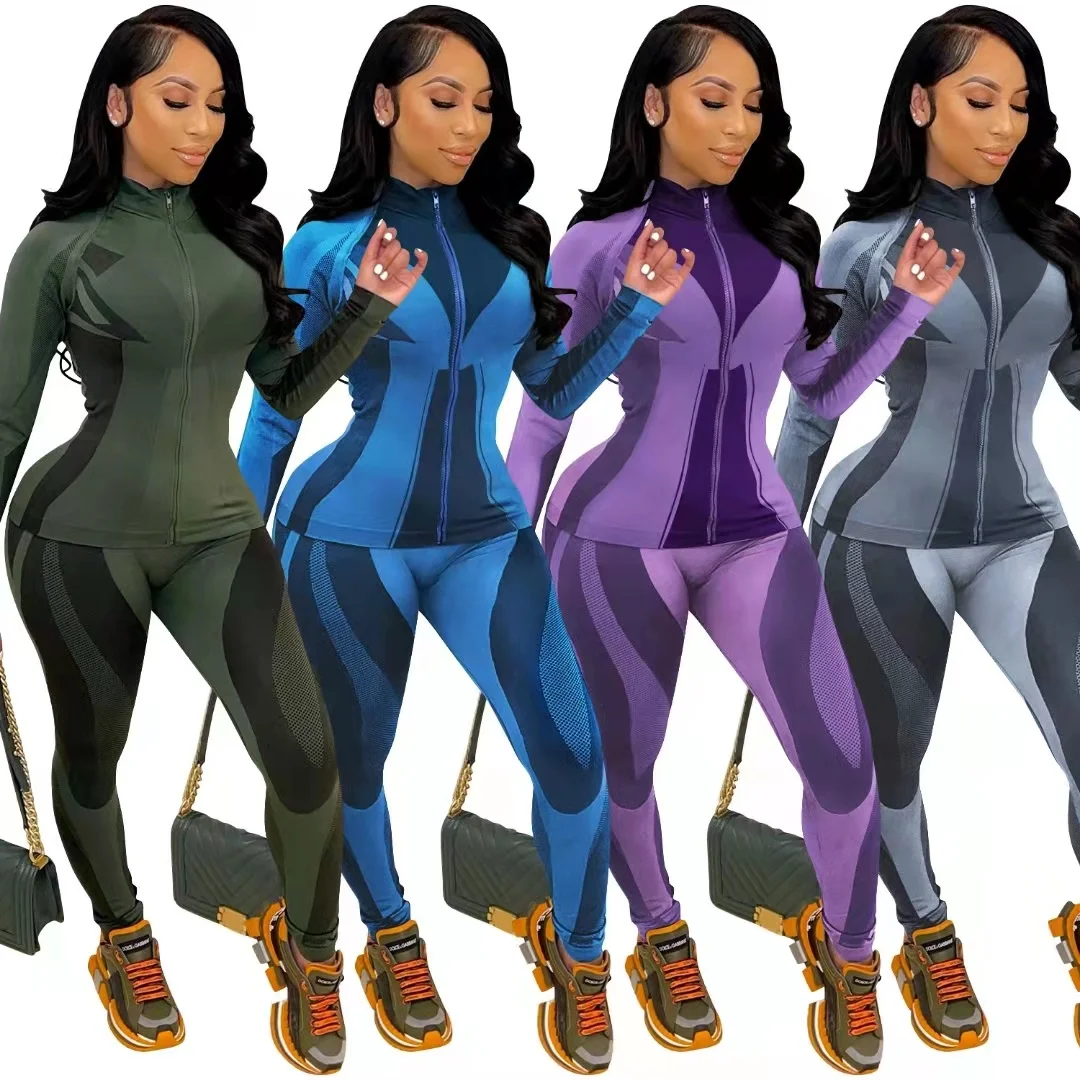 

Woman Autumn Casual Tight Fitting Yoga Sports 2 Piece Trousers Sets Ladies Sports Zipper Cardigan Long Sleeve Two-Piece Set