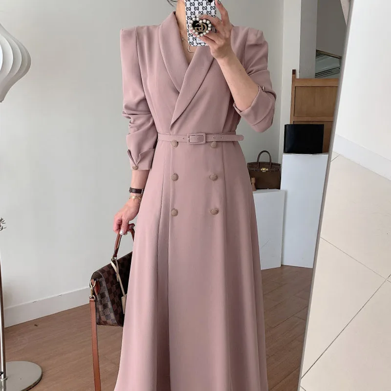 Boutique Wholesale 2026 Autumn French Elegant Suit Collar Double Breasted Straps Waist Solid Color Long Casual Dress