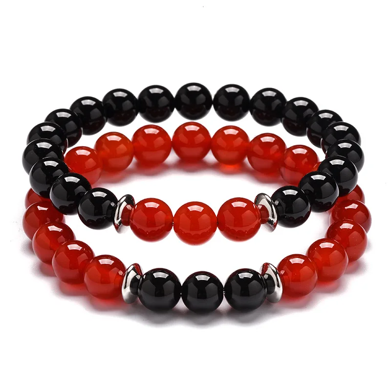 

8mm Red agate couple bracelet black and white agate men and women bracelet jewelry, Photo color
