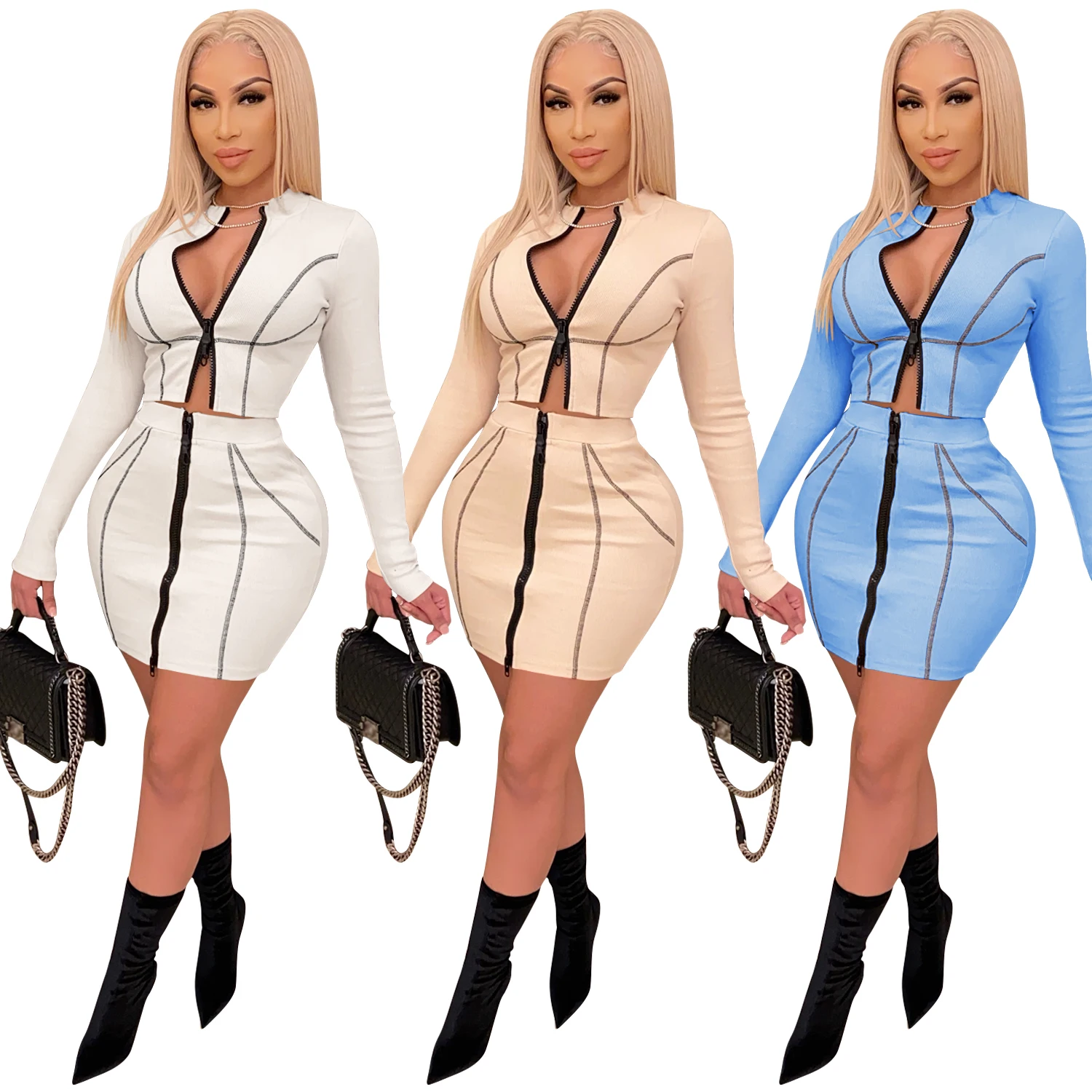 

Foma X3892 Women Clothing wholesale sexy zipped crop top and mini skirt 2 piece set outfit, White,apricot,blue