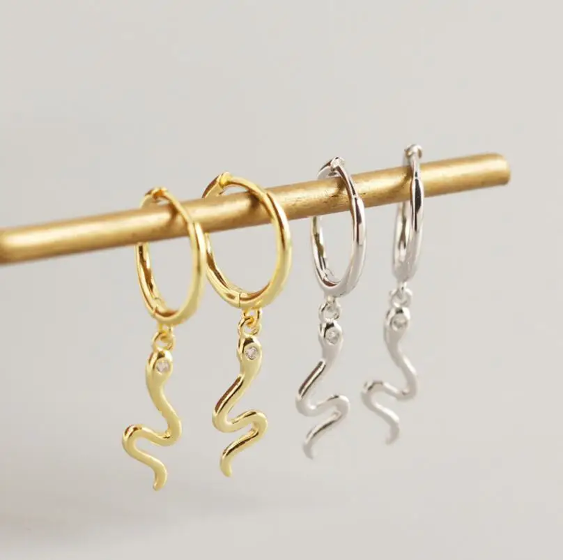 

Boho Fashion 925 Sterling Silver Minimalist Jewelry Charm Pendant Gold Plated Snake Hoops Huggies Tiny Snake Earrings