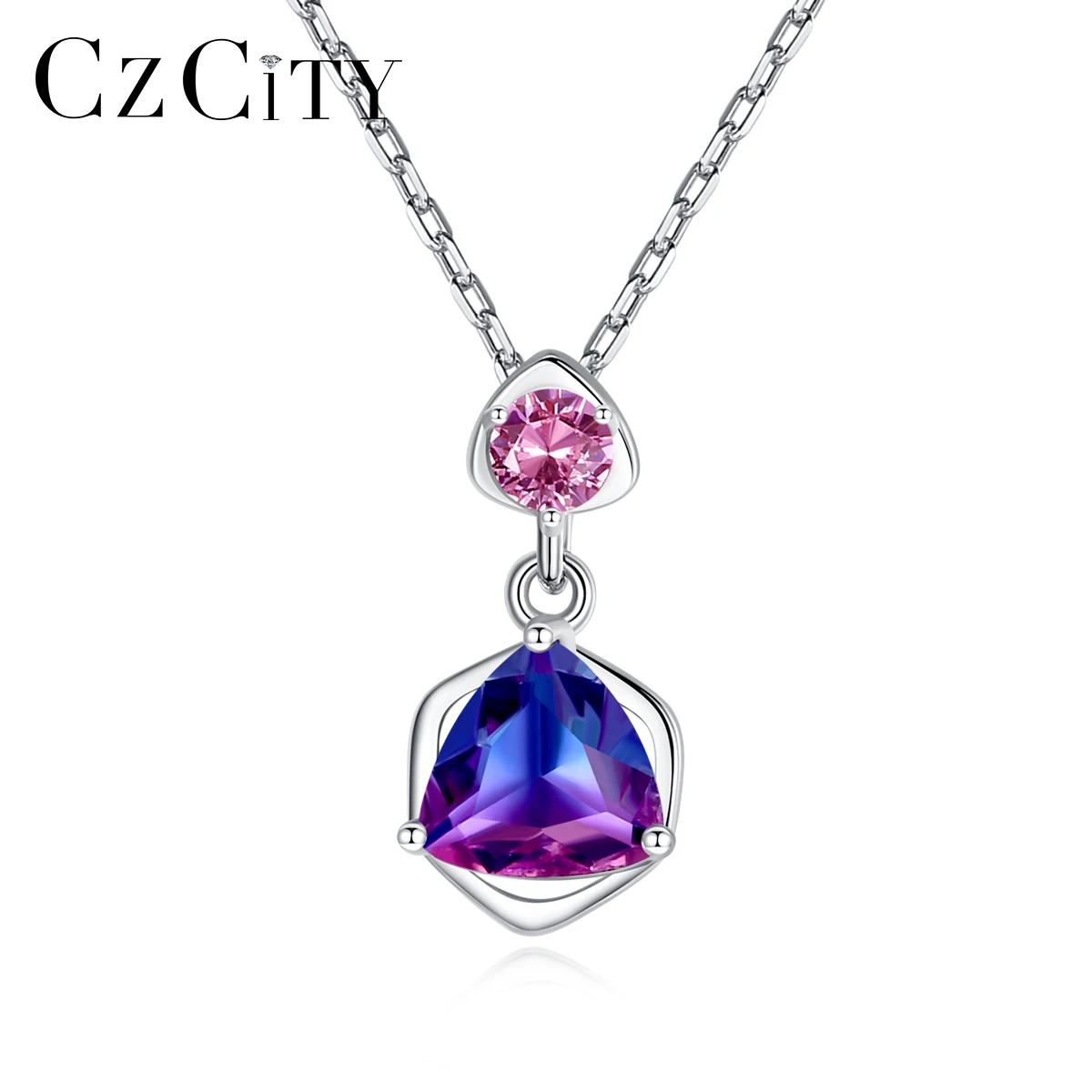 

CZCITY 925 Sterling Silver Rainbow Stone Pendant Necklace Fashion Jewelry For Women
