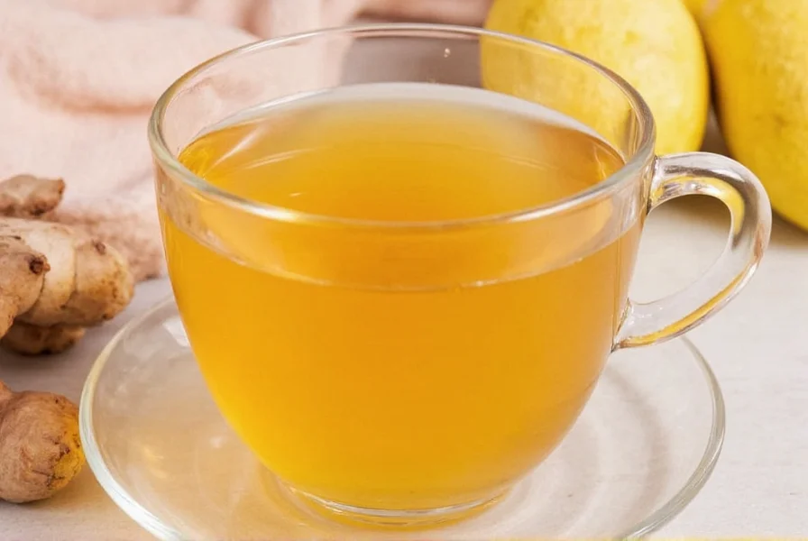 Fresh ginger root slices steeping in clear glass teapot with raw honey jar nearby