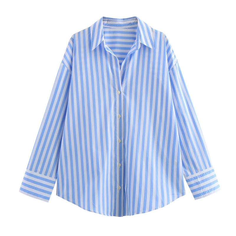 S-4XL Irregular Striped Patchwork Loose Long Sleeved Cotton Shirt Top for Women's Spring and Autumn Wear