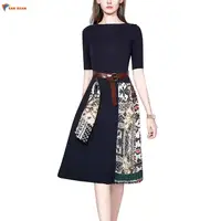 

In-stock retro slim fashion lace-up high waist pleated half sleeve knee length midi formal knitted dresses casual for women