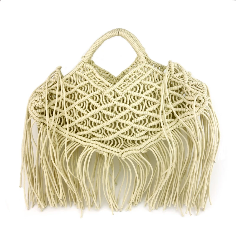 

fashion Bohemia waxed cotton rope crochet bag macrame handbag string woven net mesh clutch bag with fringe for women ladies