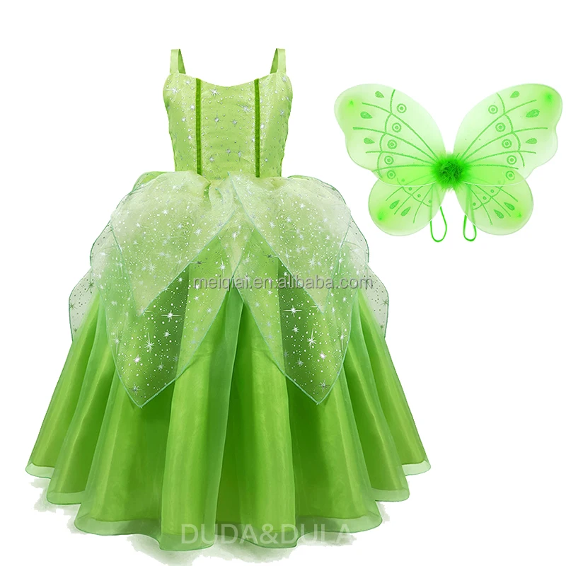 

MQATZ Butterfly Tinker Bell Dress Flower Fairy Cosplay Costume Girl Halloween Fairy Costumes Party Dress With Wings, Green