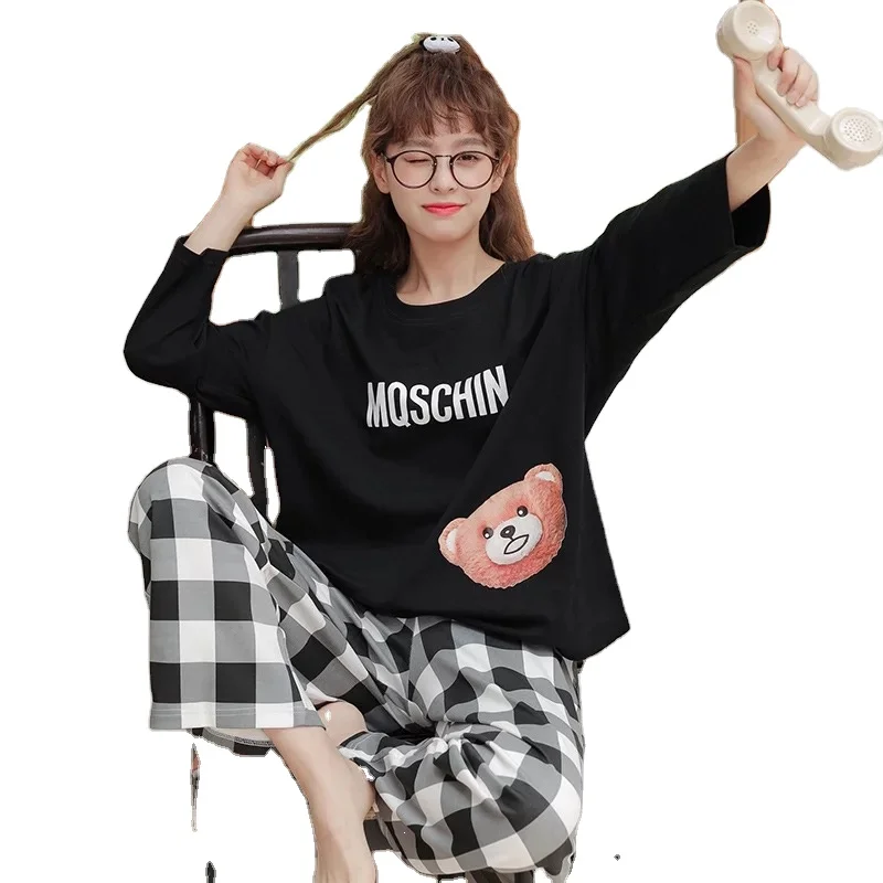 

Pajamas Autumn Winter Long Sleeve Trousers Set Korean Sweet Student Knitted Cotton Women's Sleepwear, As show