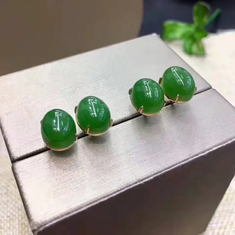 

simple beautiful jade jewelry wholesale 18k gold 8x10mm natural green Hetian jasper stud earring women