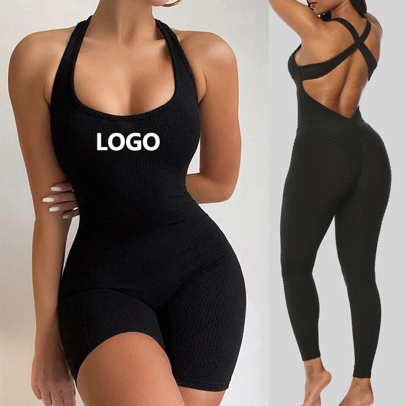 

Custom Logo Women Solid Halter Backless Sport Jumpsuit Gym Workout Romper One Piece Active Wear, Solid one piece active wear