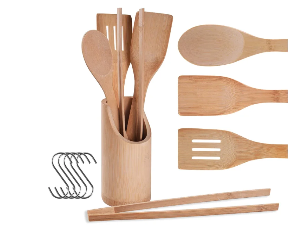 

Bamboo Kitchen Utensils with Holder Wooden Spatulas and Cookware Set Bamboo Spoons for Cooking