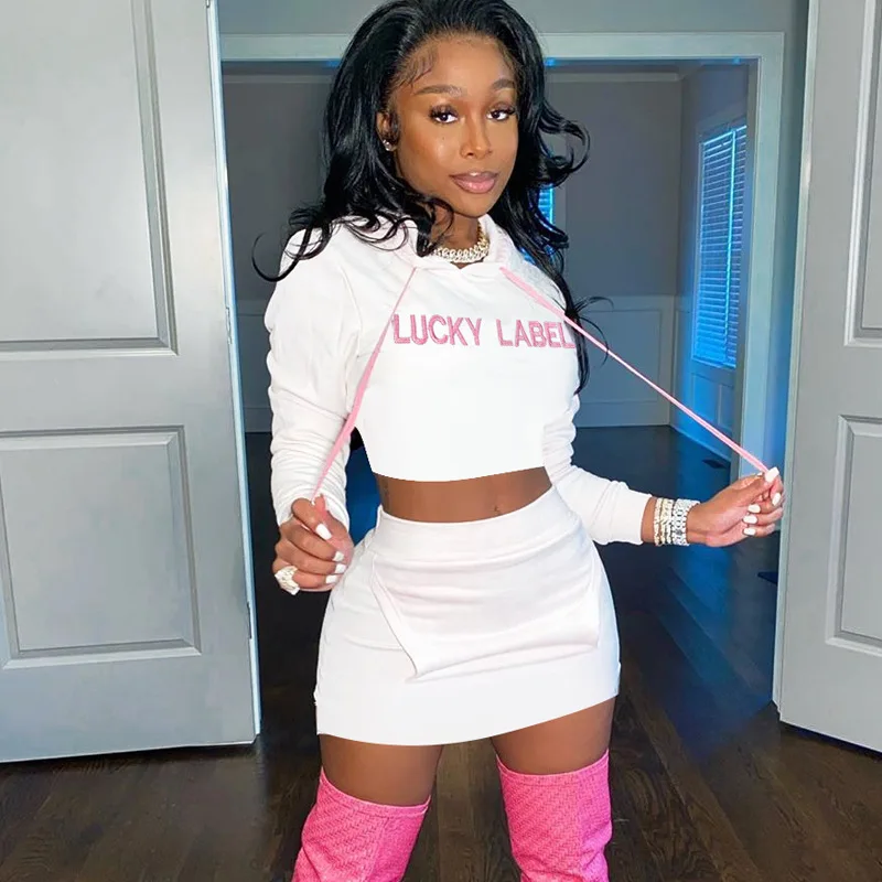 

Custom Logo luck label hoodie plus size two pieces skirt set sweatshirts cropped hoodie custom logo