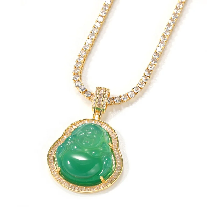 

Fashion Maitreya Jade Buddha Diamond Necklace Luxury Iced Out Hip Hop Jewelry Bling Tennis Chain Crystal Necklace