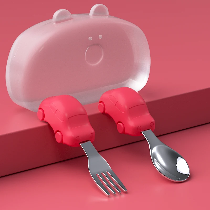 

Baby Spoon Fork Set Silicone Feeding Spoon Children's Cutlery Short Handle Stainless Steel Children's Cutlery Cutlery Set, Red orange blue green pink