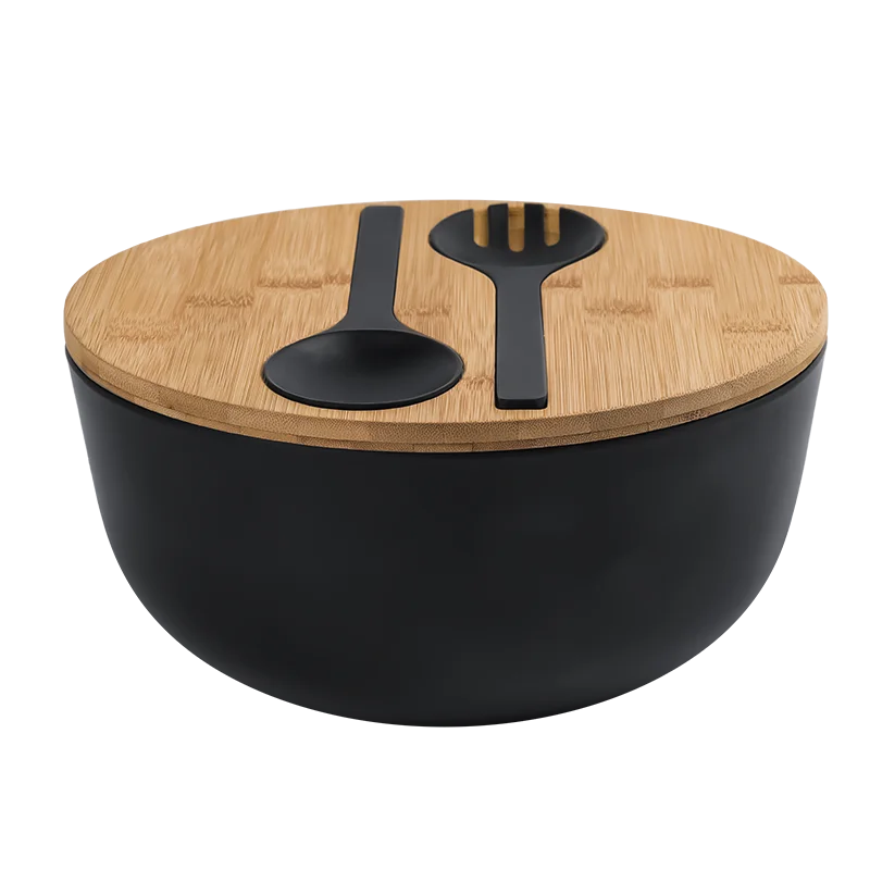 

High quality Large matte black bamboo fiber salad mixing bowl with lid and utensils tongs servers for serving fruits