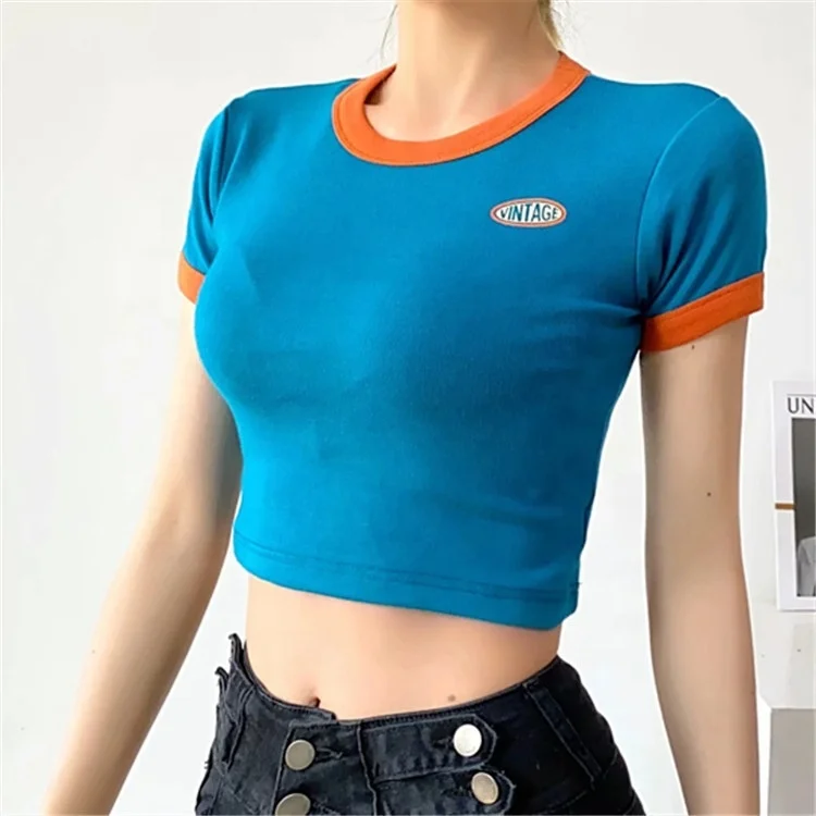 

Slim Casual Stylish Trendy Short Sleeve O-neck Contrast Crop Tops For Women, Black,white,blue-green,orange