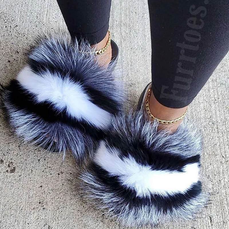

USA wholesale custom furry fluffy Really fox raccoon fur slides sandals for women and ladies kids toddler baby, Customized color