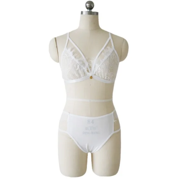 

Eyelash sexy lingerie lace split hollow uniform bra t-pants bikini, White