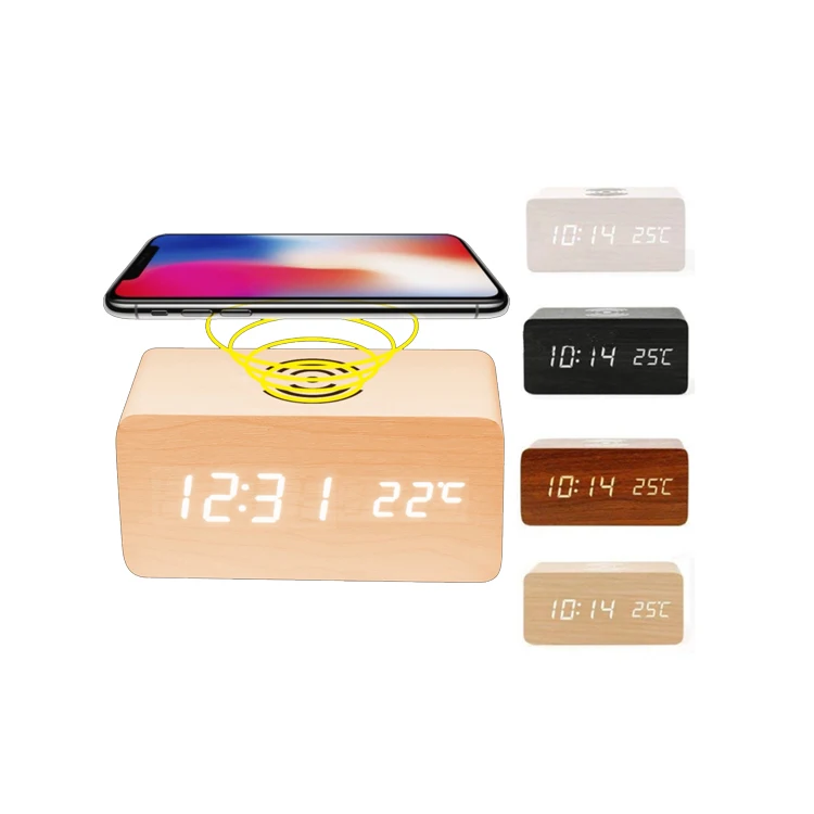 

Amazon hot selling Multi-function Digital Qi Fast Wooden Wireless Charger Alarm Clock