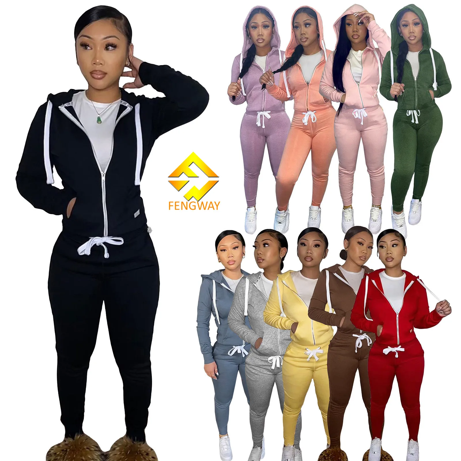 

Hot selling 2021 winter two piece set women tracksuit jogger set solid thick 2 piece sweatpants and hoodie set women, Picture color