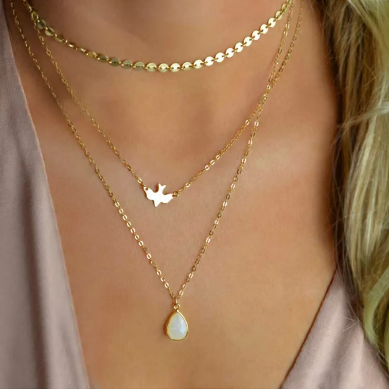 

Sequins Choker Necklace Peace Dove Little Bird Waterdrop Crystal Multilayer Pendant Necklaces for Women Jewelry Accessories, Gold, silver