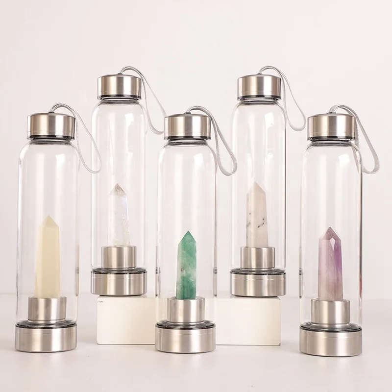 

Quartz Stones Drinking Colorful Natural Crystal Glass Water Bottle With String