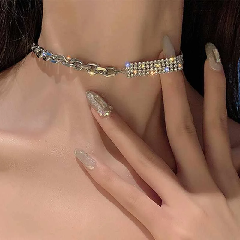 

Trendy Rhinestone Chain Link Choker Necklace Wedding Silver Color Asymmetric Choker Necklaces For Women, Gold