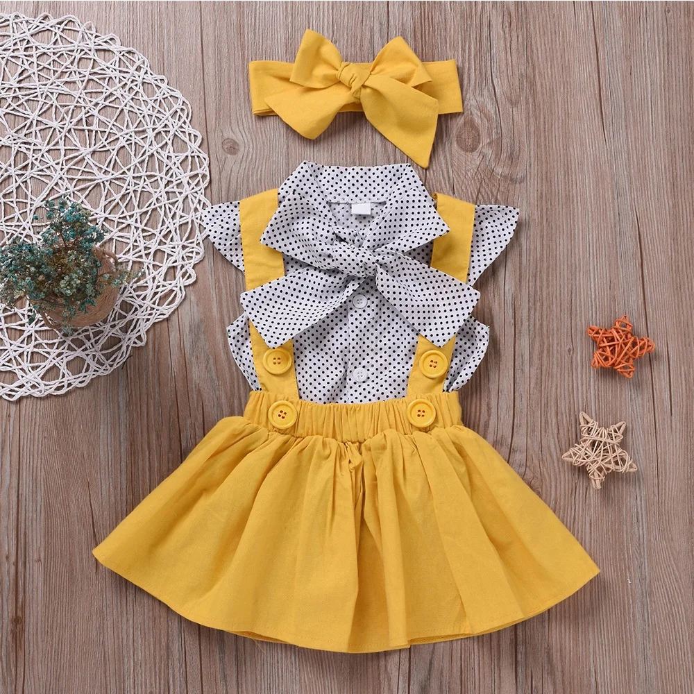 

Baby Girls Summer Clothes Sets 2021 Dot Flying Sleeve Shirt+ Strap Dresses+Headband Kids Children Clothing 3pcs, As picture