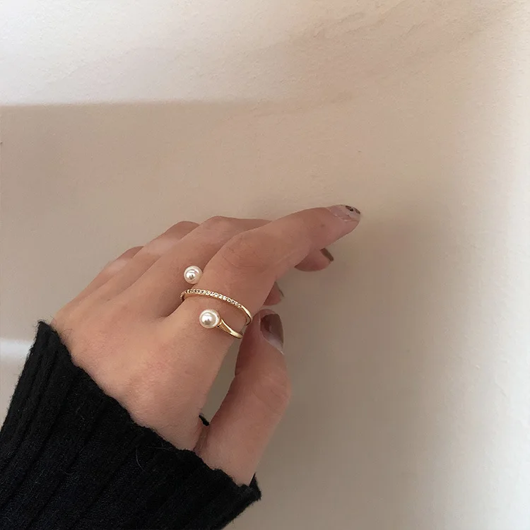 

2020 New Classic Geometric Metal Pearl Ring Korean Female Jewelry Fashion Student Opening Ring Party Gift Ring, As picture