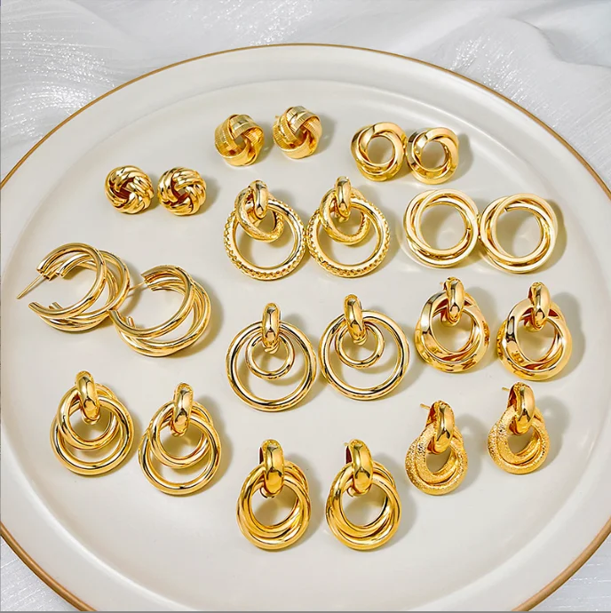 

Fashion twist Round gold plated hoop Geometric Dangle Earrings for Women Exaggerated metallic Metal silver needle Stud Earrings