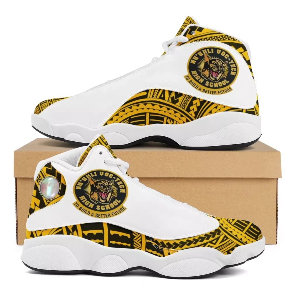 

White Sneakers Polynesian Tribal Design NUUULI VOC-TECH HIGH SCHOOL Seal Printed Custom Breathable Men Basketball Sports Shoes, Customerized