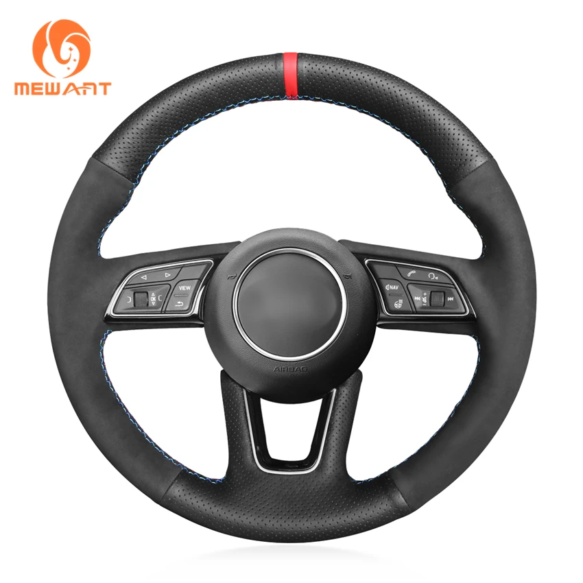 

Custom Hand Stitched Black Suede Leather Steering Wheel Cover Red Marker for Audi A1 A3 A4 A5 S5 2017 2018 2019