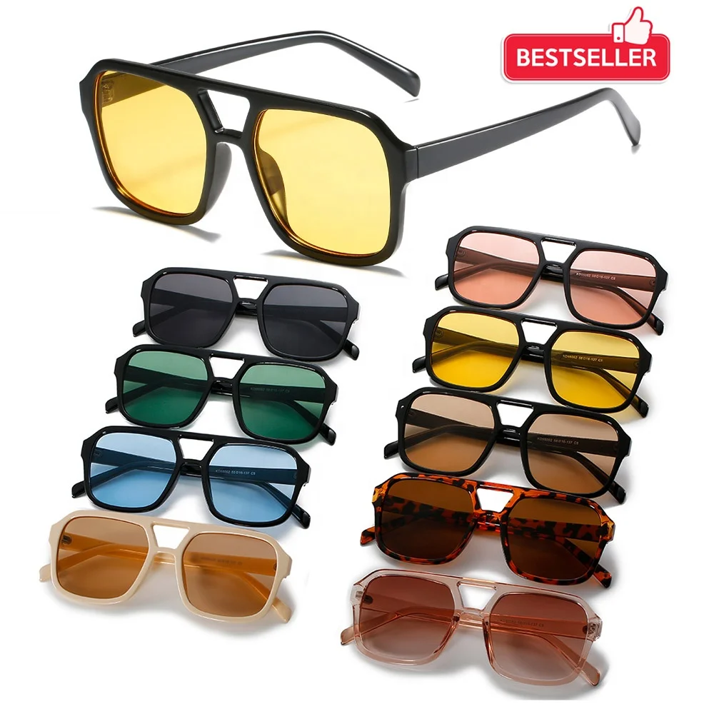 

2022 Amazon top seller trending Sun Glasses custom logo double bridge plastic oversized yellow tinted aviation sunglasses