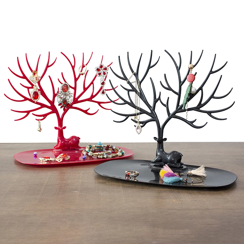 

Fashion Little Deer Earrings Necklace Ring Pendant Bracelet Jewelry Display Stand Tray Tree Storage Racks Organizer Holder, Red