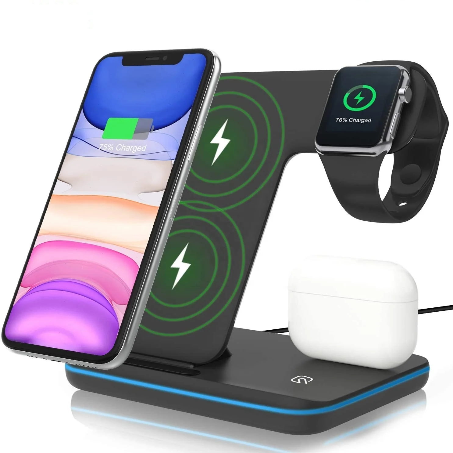 

ZHIKE 15W Fast Qi Wireless Charger Stand for iPhone 12 iWatch AirPods iPhone Desktop 3 in 1 Wireless Charger Station, Black, white