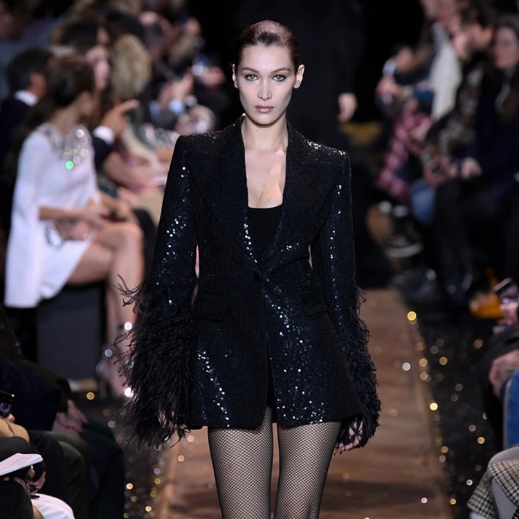 Top Quality Long Sleeve Sequins Feather Women Celebrity Evening Party Bodycon Sexy Cocktail Dress
