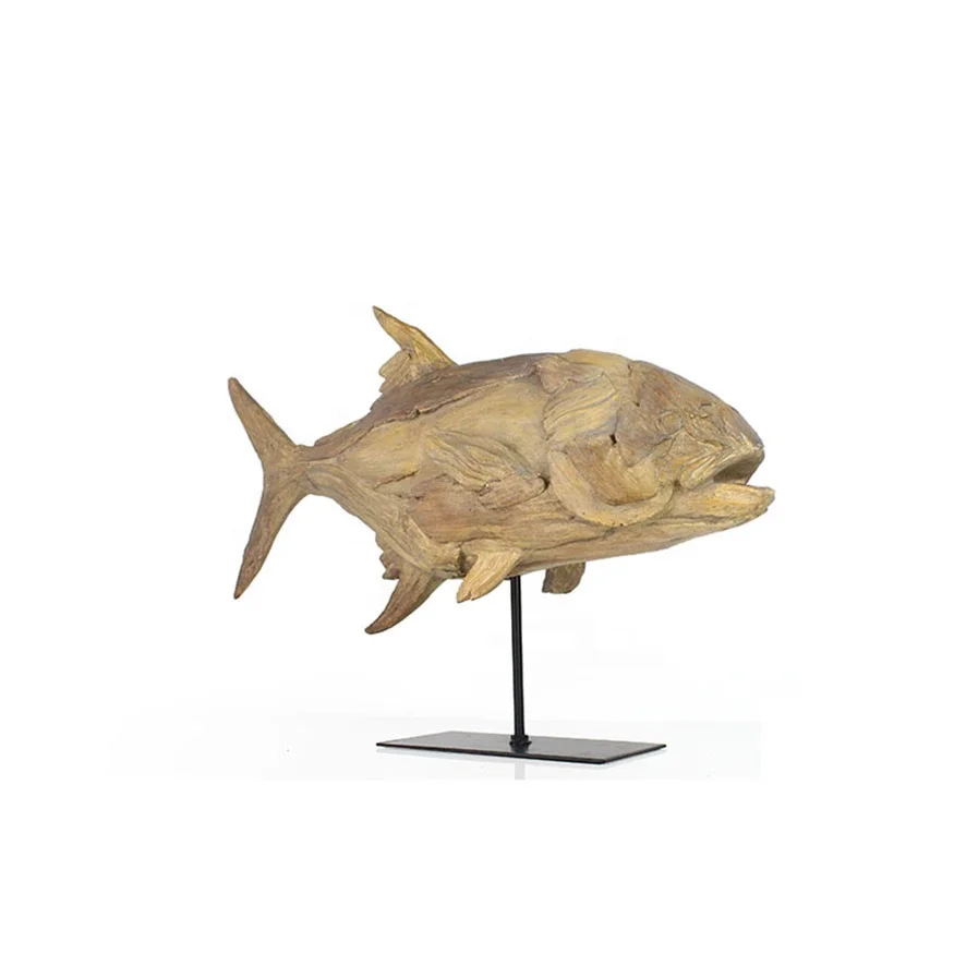 Vintage resin fish sculpture wood look with metal base table top decor details