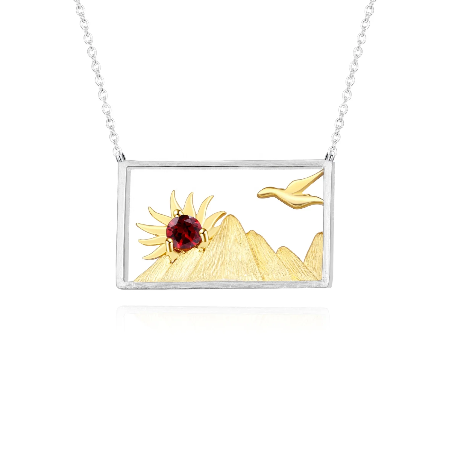 

Abiding Fine Jewelry Custom Mountain Sun Pendant Design 925 Sterling Silver Fashion 18K Yellow Gold Plated Jewelry Necklace