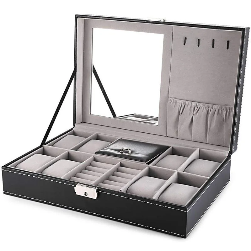 PU Leather 8+2 Slot Watch Jewelry Organizer Case Without Window With Mirror Jewelry Watch Box