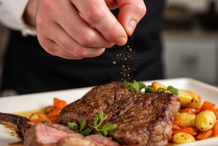 Chef's hand sprinkling freshly cracked black pepper over a gourmet steak with roasted vegetables