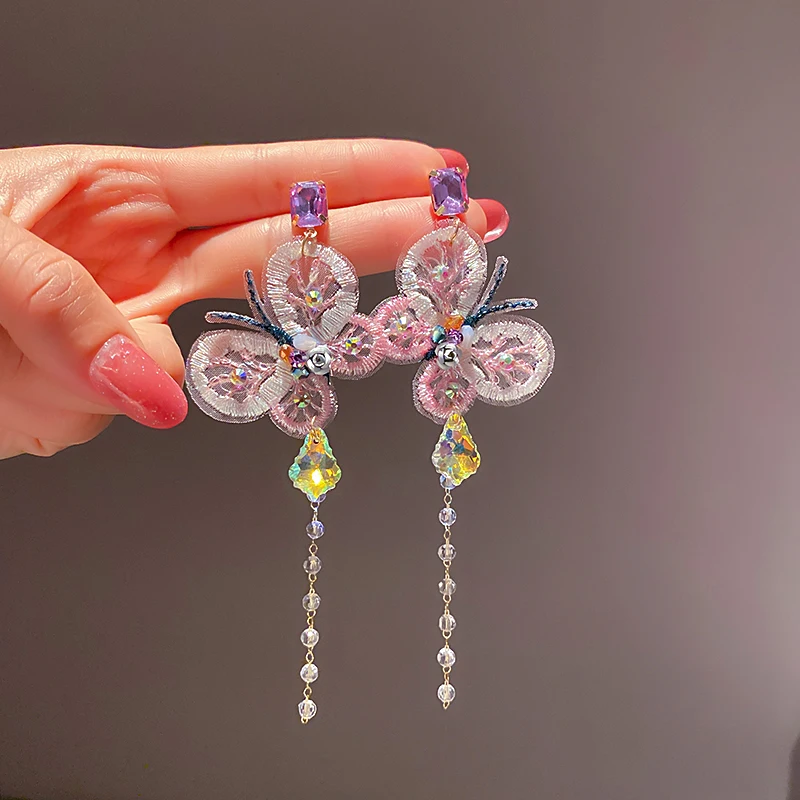 

12cm fashion long crystal blue butterfly earings