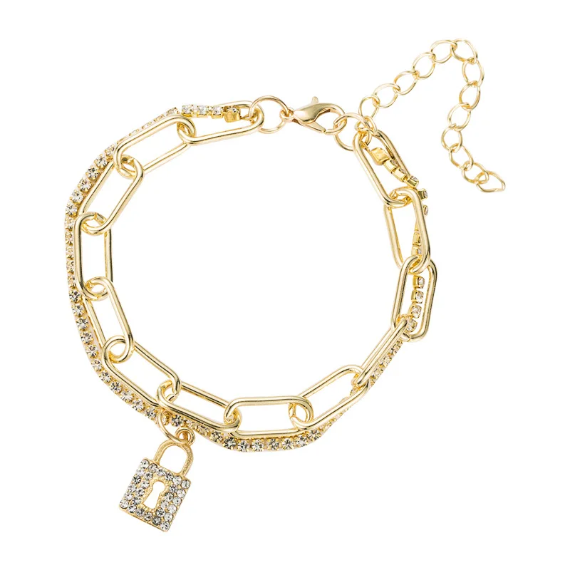 

18k Gold Plated Paperclip Chain Rhinestone Tennis Bracelet Multi Layered Crystal Lock Charm Bracelet, As picture